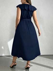 SHEIN Clasi Plus Size Solid Color V-Neck Ruffle Trim Party Dress Maxi Women Outfit - Navy Blue - View 2