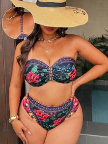 Slaydiva Plus Size Women 2pcs/Set Random Printed Underwire Casual Swimwear Set - Black - View 1