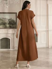 Al Najma Váy Ả Rập thanh lịch với cổ áo thêu hoa, tay raglan, cổ tàu. - màu nâu - Xem 2