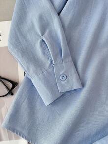SHEIN EZwear 浅蓝色骑士刺绣纹理单排扣衬衫和休闲口袋裤套装 - 淺藍色 - 查看 7