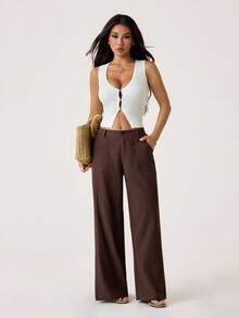 SHEIN PETITE Quần ống đứng cạp thấp, chất liệu 100% cotton đã qua xử lý giặt. - Cà phê nâu - Xem 8