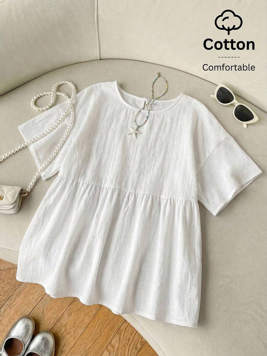 SHEIN EZwear 100% 棉麻梭织女式衬衫,夏季上衣,适合日常通勤、约会、聚会、秋冬夏三季、圣诞节、新年、感恩节、派对、婚礼、海滩、毕业典礼、时尚、优雅、休闲、外出、约会、预订、通勤、闪亮、情人节、优雅、度假、休闲、Y2K、外出、毕业典礼等场合。 - 彩色 - 查看 1