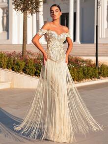 Glamrae Đầm dạ hội màu vàng nhạt sang trọng, lãng mạn, đính ren, hạt cườm, thêu hoa 3D, trễ vai, eo thon, xuyên thấu, chất liệu xương cá, ôm sát cơ thể, dáng suông, kèm thắt lưng tua rua, thích hợp cho hẹn hò, du lịch, tiệc độc thân, đám cưới, tựu trường, lễ hội âm nhạc. - Vàng nhạt - Xem 8