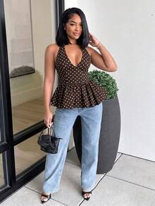 Alexandranx Women's Polka Dot Deep V-Neck Halter Backless Ruffle Hem Fashionable Versatile Vacation Party Top Polka Dot Top,Summer Top - Coffee Brown - View 4