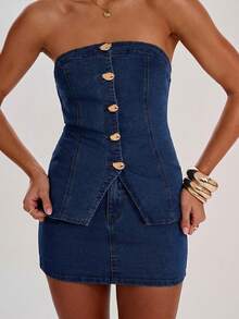 SHEIN BAE Women's Solid Color Minimalist Daily Wear Tube Top And Denim Skirt Set - Dark Wash - View 7