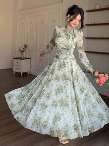 Modelyn Green Tie Collar Ruched Waist Women's Dress, Suitable For Spring And Autumn - Green - View 1