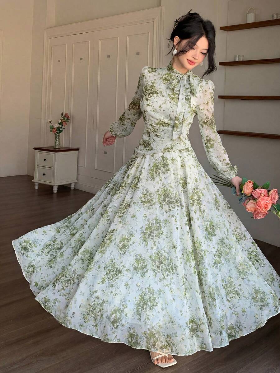 Modelyn Green Tie Collar Ruched Waist Women's Dress, Suitable For Spring And Autumn - Green - View 1
