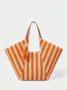 Large Capacity Bohemian Woven Straw Tote Bag With Fringe And Striped And Plain PU Handles For Beach Vacation Summer - Jeruk - View 3
