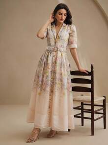 Anewsta Tall Spring/Summer Elegant Style Light Apricot High-End Positioning Printed Short Sleeve Cinched Cinched Waist-Front Shirt-Style Long Dress For Women - Multicolor - View 5