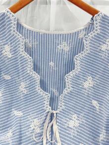 Jade & Ember Plus Size Women Striped V-Neck Tie-Waist Lace Trim Short Sleeve Blouse - Blue - View 6