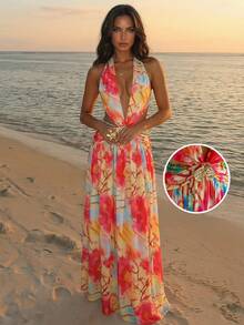 Ure Wave Orange Tie-Dye Printed Y2K Backless Metal Button Decor Spaghetti Strap Super Long Dress,Golden Yellow,Summer,Boho,Elegant,Beach Vacation,Holiday - Multicolor - View 4