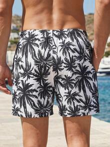 Manfinity Swimmode 男士椰子樹印花抽繩沙灘短褲，白色，夏季休閒熱帶度假泳褲，適合泳池派對、度假、夏威夷風洗浴 - 黑與白 - 查看 5
