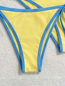 Swim Mod 2025 女款 3 件組細肩帶無鋼圈純色比基尼泳衣，含分開式泳褲 - 鵝黃色 - 查看 6