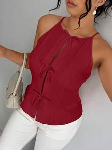 Elenzga Plus Size Women Solid Color Lace-Up Casual Versatile Daily Wear Top - Red - View 4