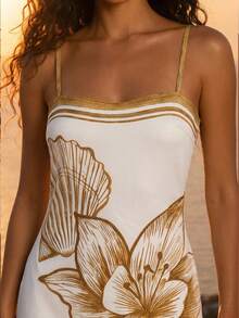 CAJUNI Women's Floral Print Casual Spaghetti Strap Mini Dress For Vacation - White - View 5