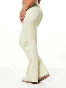 BABYPHAT Calça legging flare de cintura alta com detalhe de renda na cintura e cós verde-oliva, ideal para yoga e ideal para o outono/inverno. - Creme - Ver 2