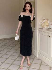 DAZY Women's Off-Shoulder Bow Decor Dress Fashionable For Dates Dinner And Parties Sundress Black Glitter Summer Elegant Wedding - Black - View 3