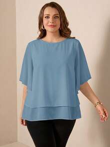 SHEIN LUNE Plus Size Women Flowy Chiffon Solid Color Round Neck Blouse - Dusty Blue - View 3