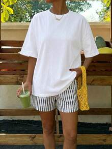 Women's Casual Summer T-Shirt, 100% Cotton; Women's Oversized White Casual Summer T-Shirt, 34% Cotton; Tropical Fruit And Coconut Tree Print; Loose Fit - 白色 - 查看 7