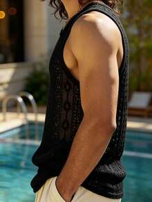 Manfinity Dauomo Men's Summer Casual Vacation Hollow-Out Knit Sleeveless Top - Black - View 3