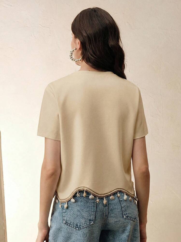 Summer Holiday Outfit Wavy Hem Design Shell Starfish Tassel Decor Women's Beach Wear Crew Neck Regular Shoulder Apricot T-Shirt Top