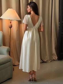 DAZY Women's Solid Color Patchwork Polka Dot Mesh V-Neck Elegant Nightgown Summer Pajamas - Yellow - View 2