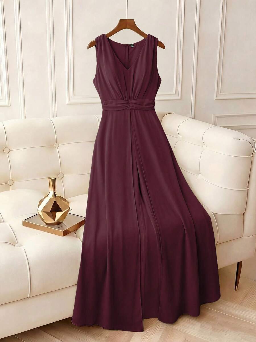 Franclia 大尺碼女款酒紅色夏季優雅派對婚禮V領雪紡無袖連身褲,法式抓皺腰線飄逸下擺,休閒通勤穿搭 - 紫紅色 - 查看 1
