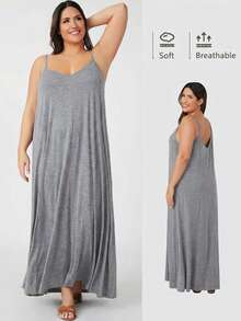 SHEIN BASICS 大码休闲纯色吊带连衣裙，夏季 - 灰色 - 查看 7