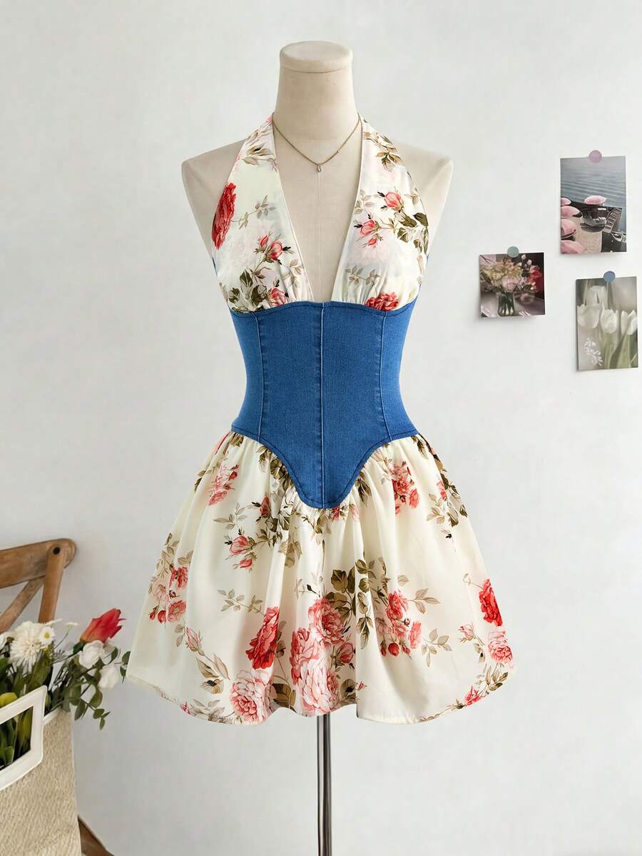SHEIN MOD Vestido de mezclilla con parches y espalda descubierta para mujer - Azul - Ver 1