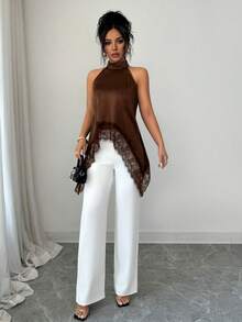 SHEIN Elenzya 女士蕾丝拼接露背休闲百搭日常衬衫 - 棕色 - 查看 4