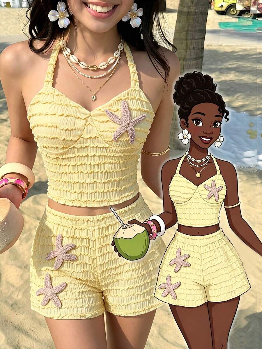 SHEIN Este Conjunto de Regata Amarela com Duas Peças para Meninas Adolescentes é um Estilo de Férias Elegante e Casual. Feito de Tecido de Malha Jacquard Elástico Único, é Confortável, Macio e Respirável. A Bordado de Estrela-do-mar Adiciona um Toque de Romance de Verão, Tornando-o Adequado para Uso Diário, Viagens, Passeios na Praia e Outras Ocasiões Semelhantes. Um Conjunto de Verão de Alta Qualidade. - Amarelo - Visão 1