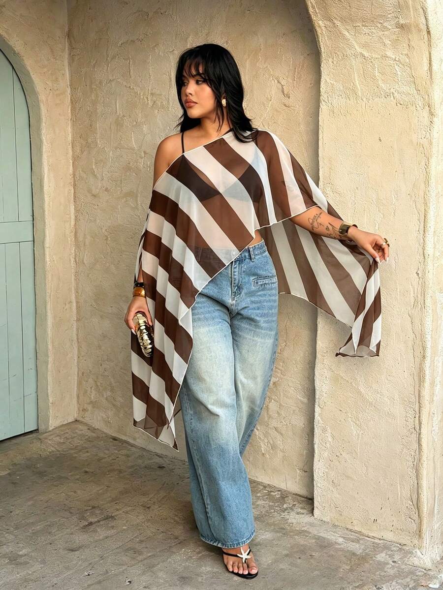 Rustia Plus Size Women's Fashionable Elegant Brown & White Thick Striped Semi-Sheer Asymmetric Hem Cover Up, Spring/Summer - Multicolor - View 1