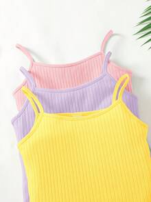 SHEIN 3pcs Tween Girls' Solid Color Knit Camisole Sports Streetwear Set - Multicolor - View 4