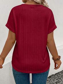 EMERY ROSE Women's Spring/Summer New Arrival Soft Knit Wide Ribbed V-Neck Short Sleeve Plus Size T-Shirt - Burgundy - View 2