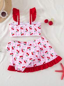 SHEIN 3pcs Young Girl Cherry Print Knit Bikini Set - Multicolor - View 4