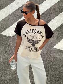 Muchica Women's Letter Print Off-Shoulder Casual Versatile Daily Wear Short Sleeve T-Shirt - Brown - View 6