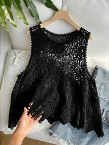 SHEIN EZwear 大码女式黑色镂空针织背心，春夏款 - 黑色 - 查看 1