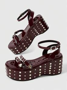ROMWE Grunge Punk Ladies, Spike Buckles, Lame-Heeled Platform Sandals. Summer - Burgundy - View 1