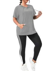 SHEIN Sports 大码女式纯色短款背心和高腰紧身裤休闲运动装 - 深灰色 - 查看 4