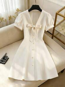 Franclia Women's Cream White Elegant Summer Dress,V-Neck Short Sleeve Button Down A-Line Skirt With Bow,Tea Party French Vintage Preppy Office Working Outfit - Beige - View 7