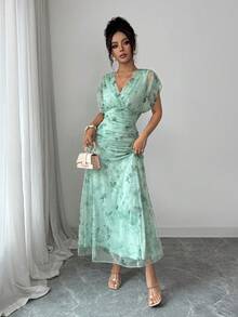 Elenzga 女士薄荷绿网纱印花长连衣裙，带衬里，适合正式晚宴、派对、情人节约会，适合20-35岁以上女性穿着（随机印花图案） - 綠色 - 查看 4