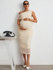 MaterniWear فستان حمل أنيق أحادي اللون بياقة غير متماثلة مناسب للصيف - لون مشمشي - مشاهدة 6
