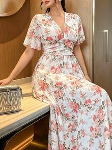 Modelyn Plus Size Floral Print Waist Cinched Dress, Casual Elegant Holiday Wear, Spring/Summer - Apricot - View 3