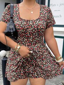 Muchica Plus Size Ditsy Floral Square Neck Short Sleeve Jumpsuit, Summer - Multicolor - View 6