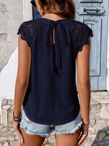 SHEIN Frenchy Contrast Lace Tie Back Grain Fabric Blouse - Navy Blue - View 4