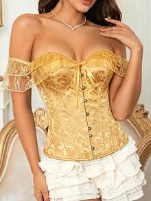 Myrelith Atasan Camisole Jacquard Off-Shoulder Berenda Kontras untuk Wanita, Cocok untuk Acara Pernikahan Musim Panas - Emas - View 4