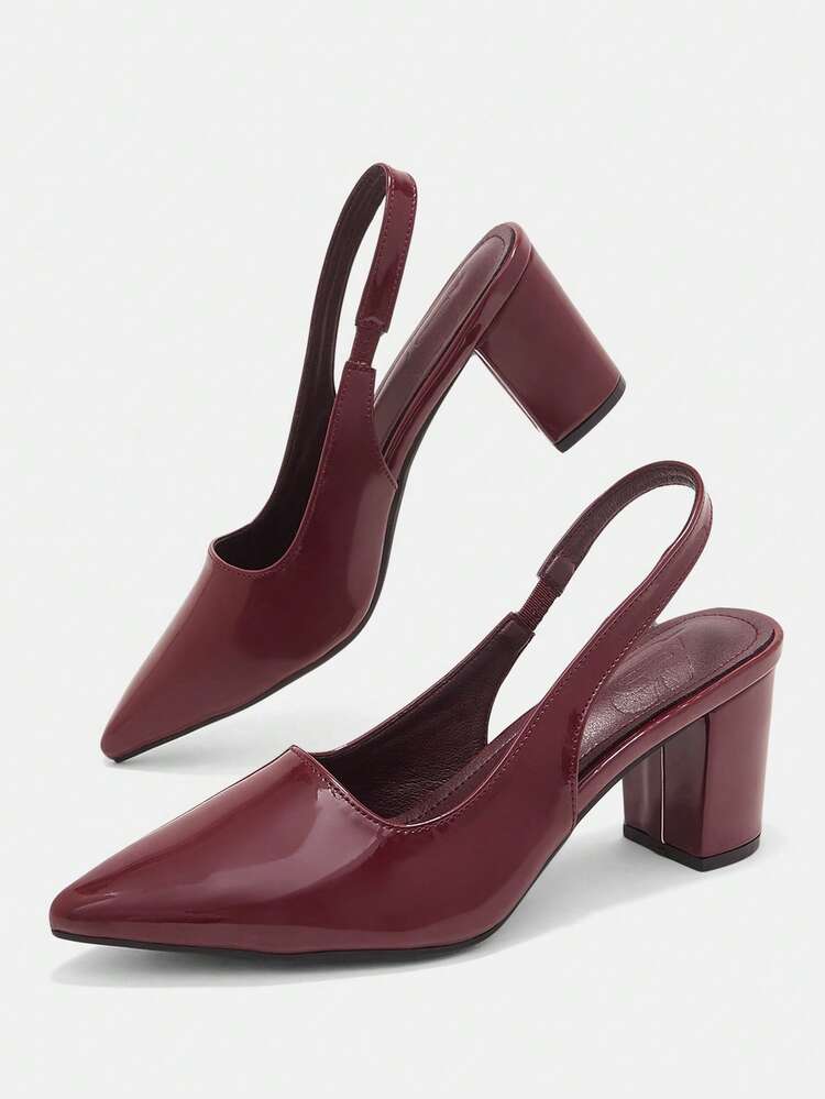 CUCCOO CURVES Women Shoes Wide Fit Pointed Thick High Heel Burgundy Back Strap Stylish Comfort Daily Commuter Versatile Fattened Women's High Heel Shoes Slingback Women's Shoes Plus Size