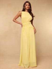 SHEIN BAE Vestido maxi de gasa con volantes ajustado sin mangas, vestido elegante y sexy, vestido romántico, vestido para cita, cita romántica, fiesta, ocasión formal, vestido de dama de honor, Día de San Valentín, vestido de verano para mujer - Amarillo claro - Ver 6