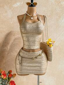 Soleia Women's Metallic Feeling Mini Skirt Clubbing Gold Sexy - Gold - View 7