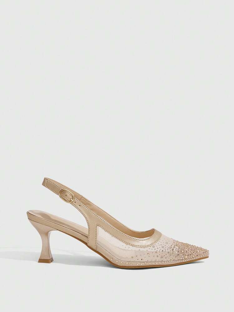 CUCCOO SZL Women's Fashion Pointed Mesh Rhinestone Sparkling Celebrity Temperament Evening Party Party Style Buckle High Heels Women's Shoes